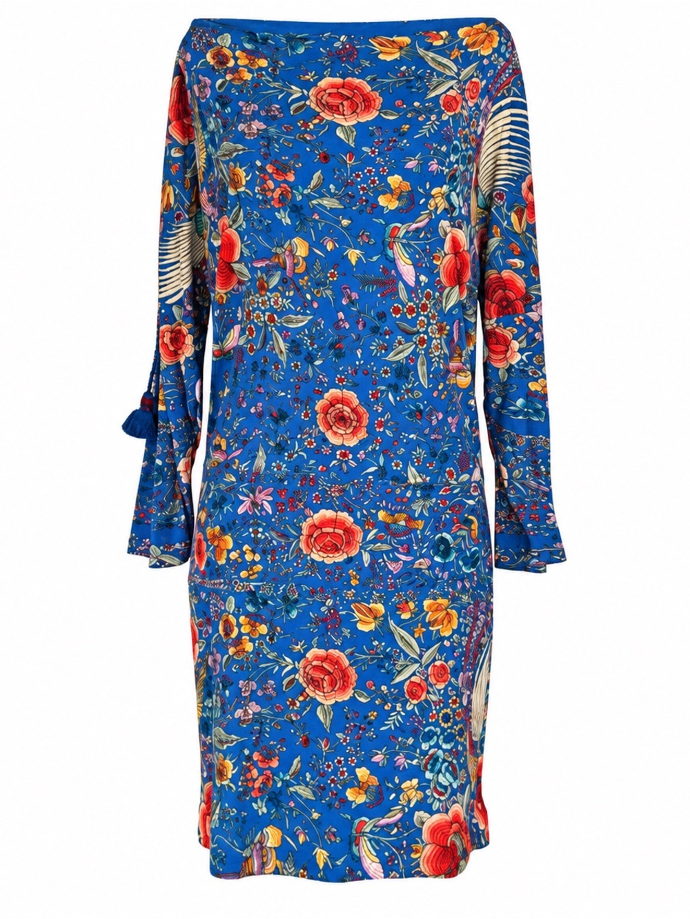 ROBERTO CAVALLI VINTAGE Floral Blue Mini Dress Cinch Shoulder Tassle Draped IT38